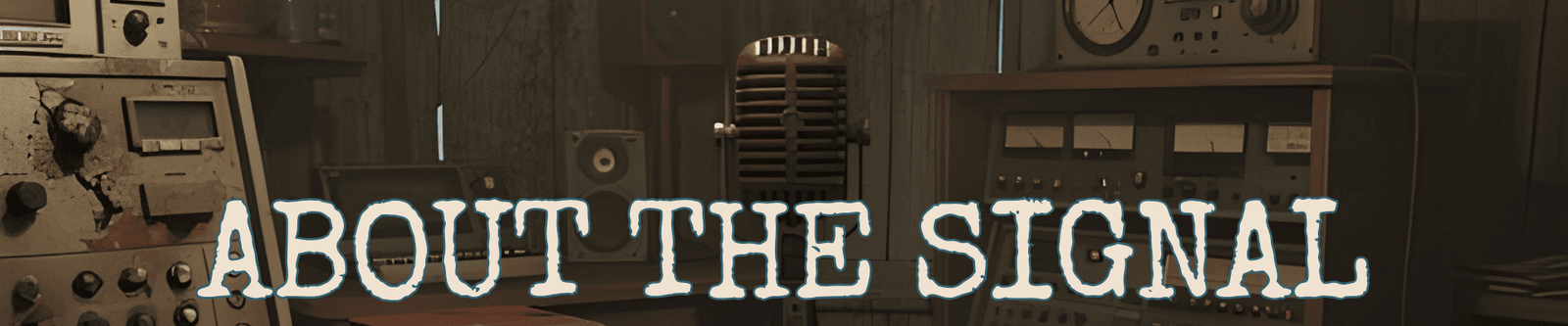 The Dusty Signal podcast studio featuring a vintage radio microphone, weathered headphones, and post-apocalyptic broadcasting equipment.